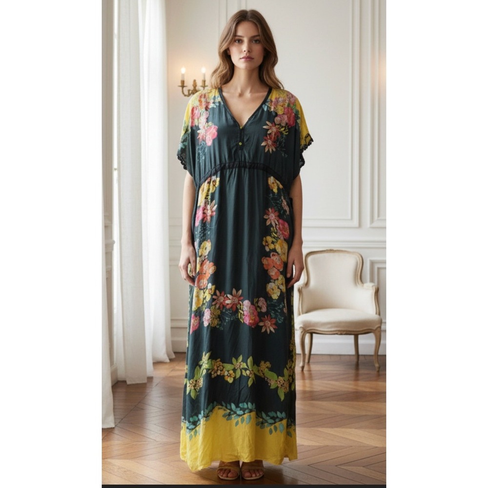Johnny Was Ginny Floral Print Silk‎ Maxi Dress Black Yellow Boho Womens S